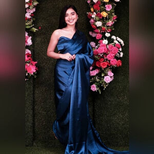 1-Minute Luxurious Pure Satin Saree With Stitched Sleeveless Blouse - Navy Blue